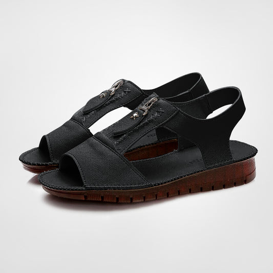 Flat sandals in soft vegan leather and comfort with zipped sole
